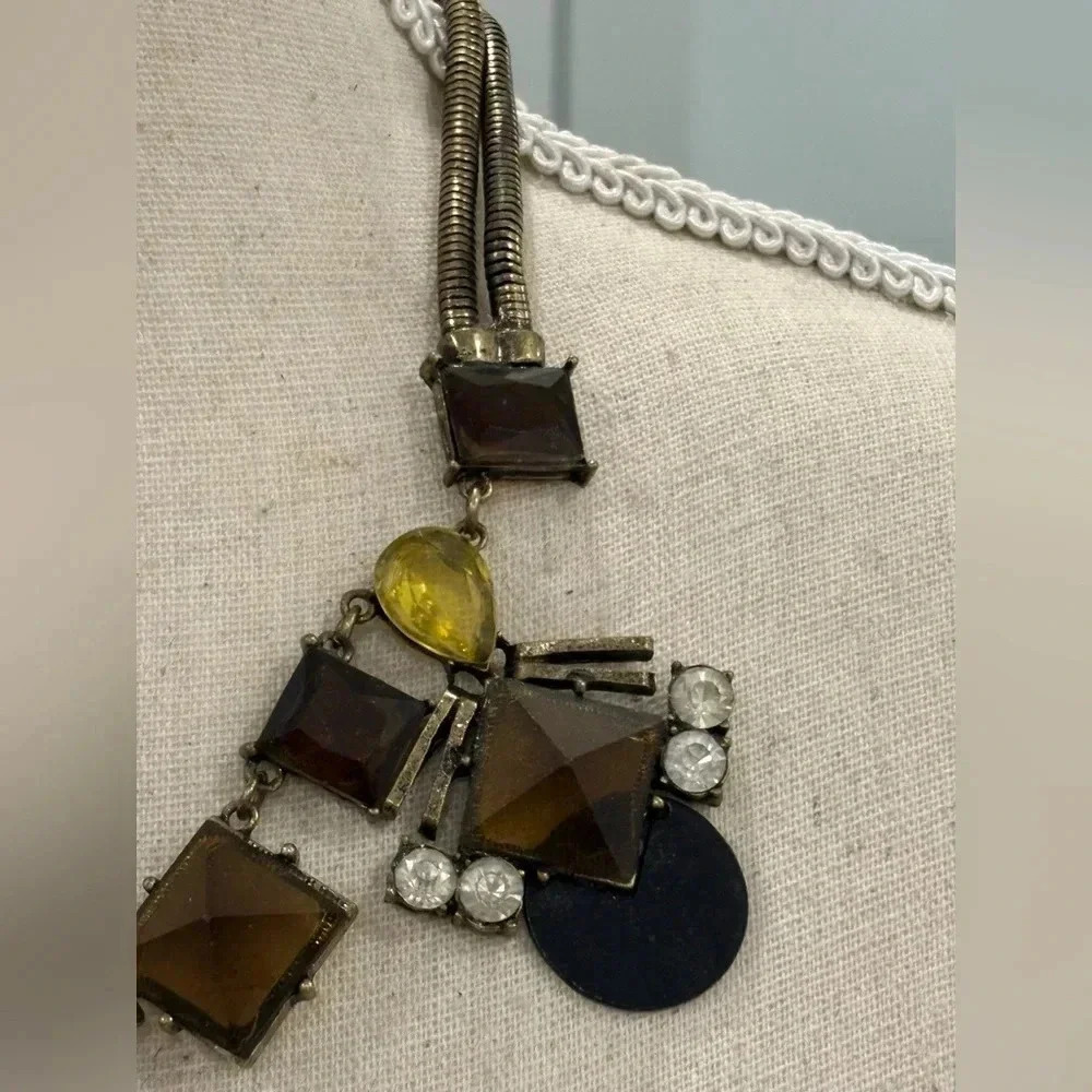 Vintage Sohi Denise gold costume statement necklace with yellow and brown stones - Picture 5 of 14